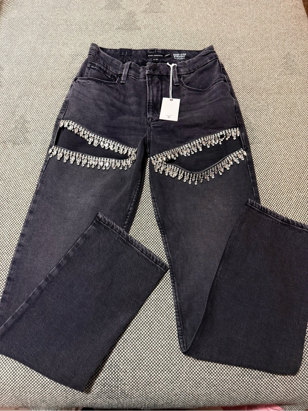 Good American Black Straight-Leg Jeans with Crystal Fringe